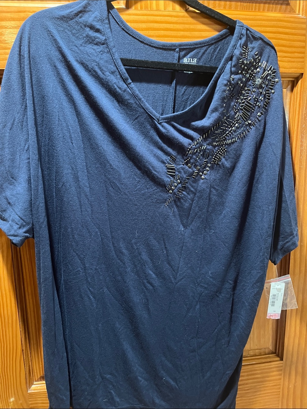 a.n.a Navy or black Short Sleeve Top with Beaded Shoulder Detail
